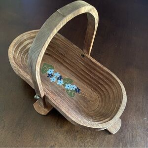 Vintage 1970s Wooden Collapsible Handle Basket with Hand Painted Flowers